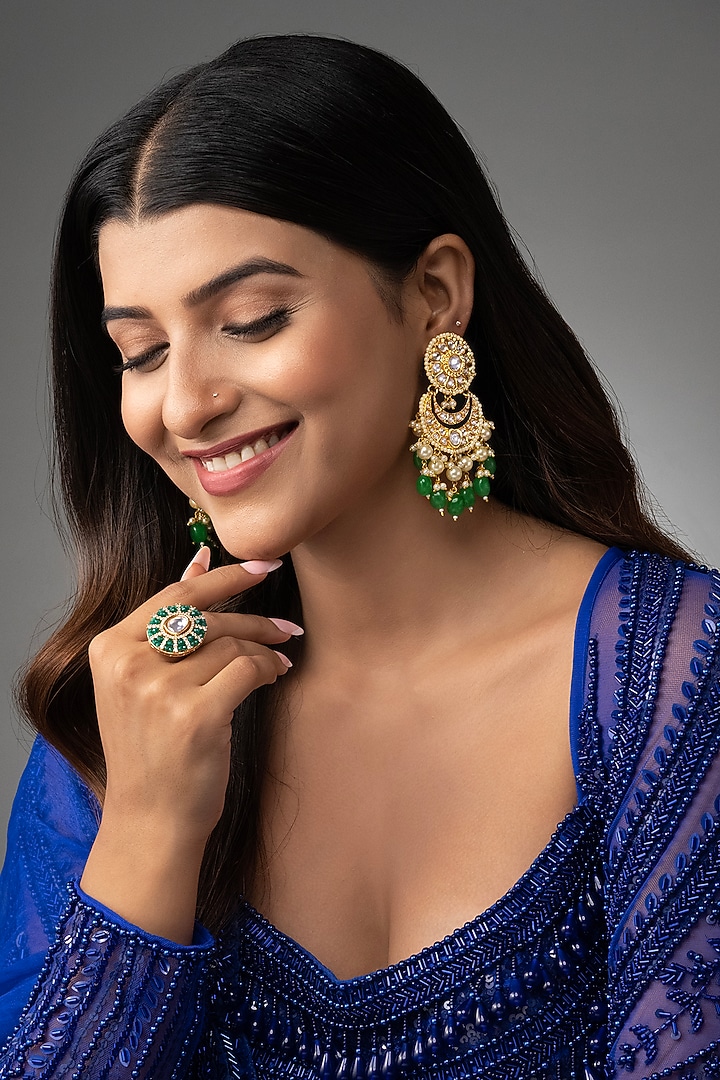 Gold Finish Kundan Polki & Emerald Beaded Chandbali Earrings by Prihan Luxury Jewelry at Pernia's Pop Up Shop