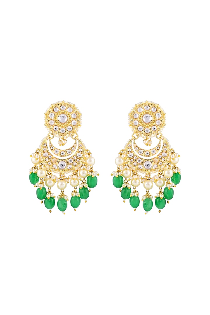 Gold Finish Kundan Polki & Emerald Beaded Chandbali Earrings by Prihan Luxury Jewelry at Pernia's Pop Up Shop
