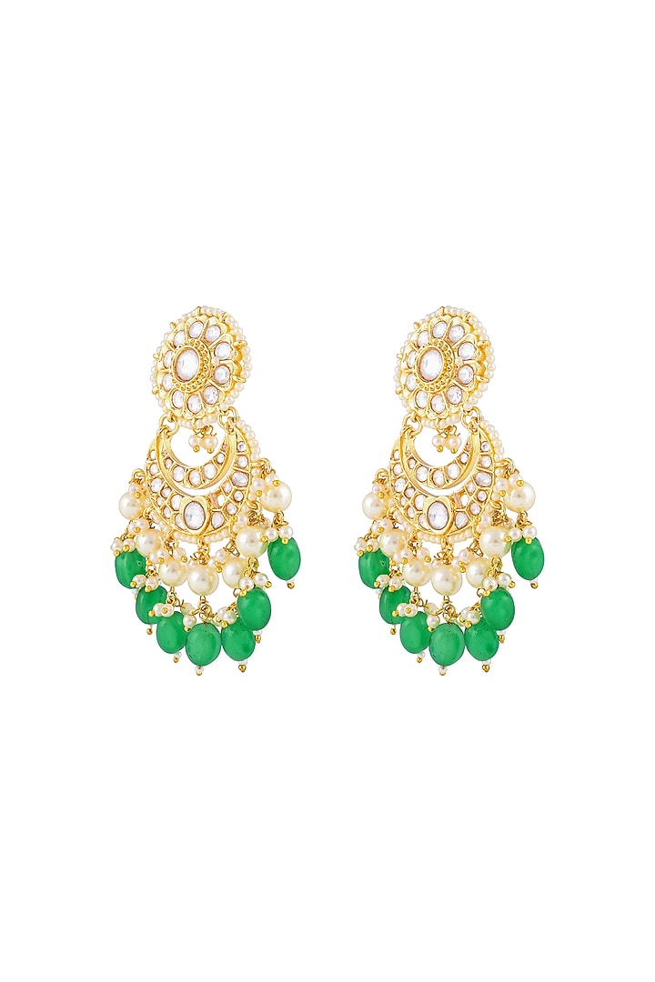 Gold Finish Kundan Polki & Emerald Beaded Chandbali Earrings by Prihan Luxury Jewelry at Pernia's Pop Up Shop