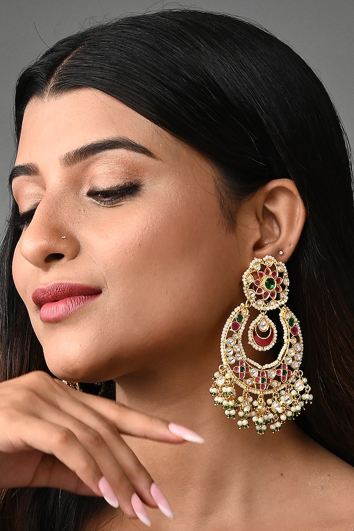 Gold Finish Navratna Kundan Polki Chandbali Earrings by Prihan Luxury Jewelry at Pernia's Pop Up Shop
