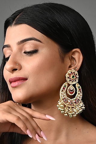 Gold Finish Navratna Kundan Polki Chandbali Earrings by Prihan Luxury Jewelry