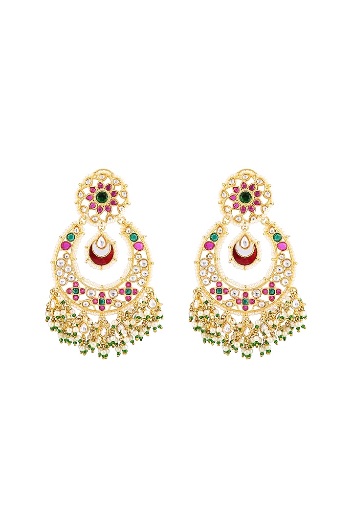 Gold Finish Navratna Kundan Polki Chandbali Earrings by Prihan Luxury Jewelry at Pernia's Pop Up Shop