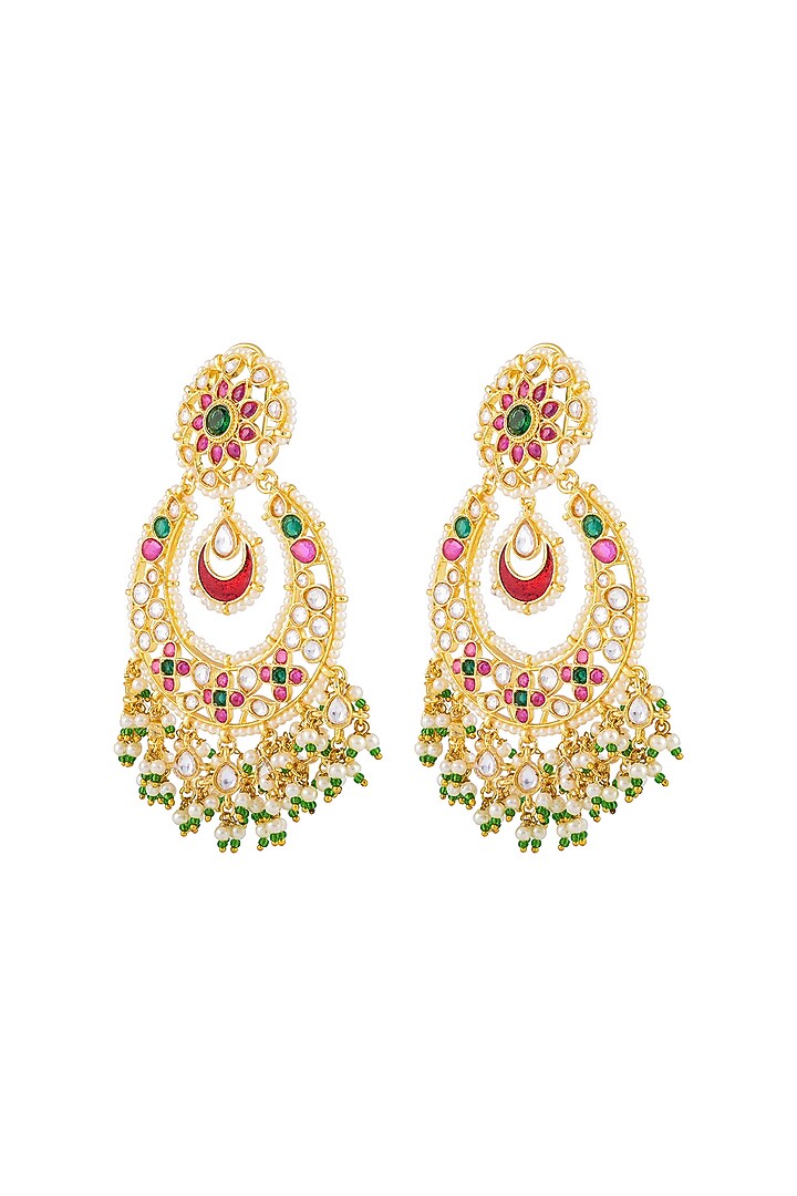 Gold Finish Navratna Kundan Polki Chandbali Earrings by Prihan Luxury Jewelry at Pernia's Pop Up Shop