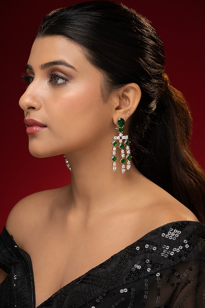 White Finish Emerald Stone & Zircon Dangler Earrings by Prihan Luxury Jewelry at Pernia's Pop Up Shop