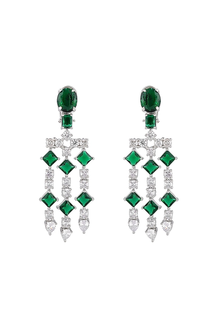 White Finish Emerald Stone & Zircon Dangler Earrings by Prihan Luxury Jewelry at Pernia's Pop Up Shop