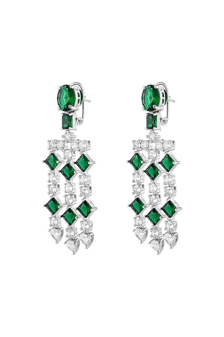 White Finish Emerald Stone & Zircon Dangler Earrings by Prihan Luxury Jewelry at Pernia's Pop Up Shop