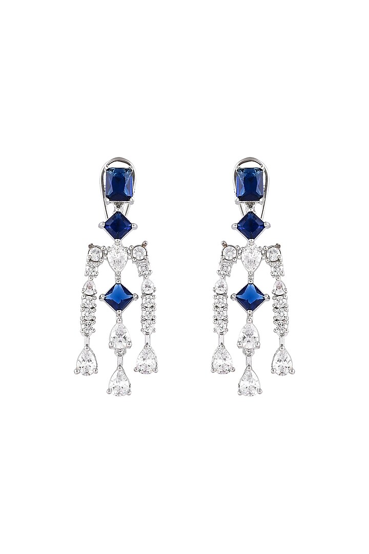 White Finish Blue Sapphire Stone & Zircon Dangler Earrings by Prihan Luxury Jewelry at Pernia's Pop Up Shop