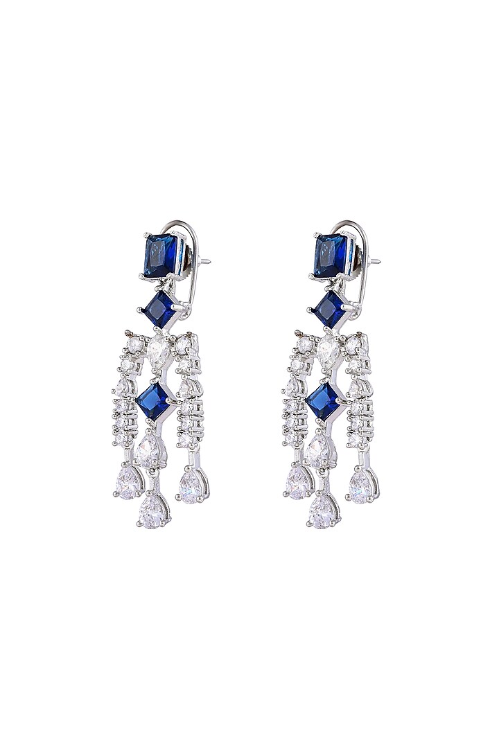 White Finish Blue Sapphire Stone & Zircon Dangler Earrings by Prihan Luxury Jewelry at Pernia's Pop Up Shop