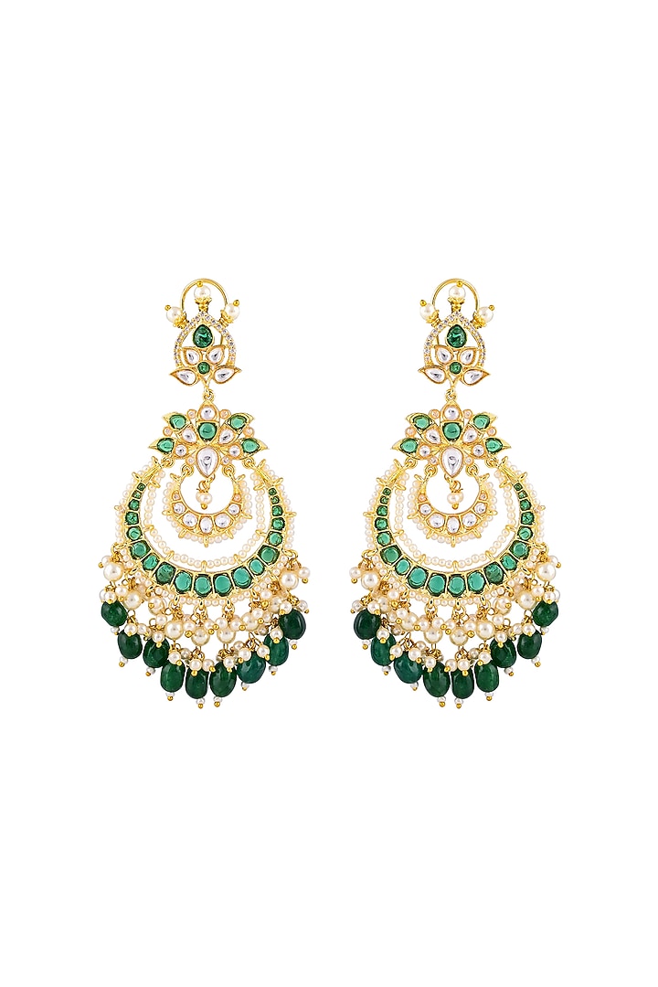 Gold Finish Green Kundan Polki Chandbali Earrings by Prihan Luxury Jewelry at Pernia's Pop Up Shop