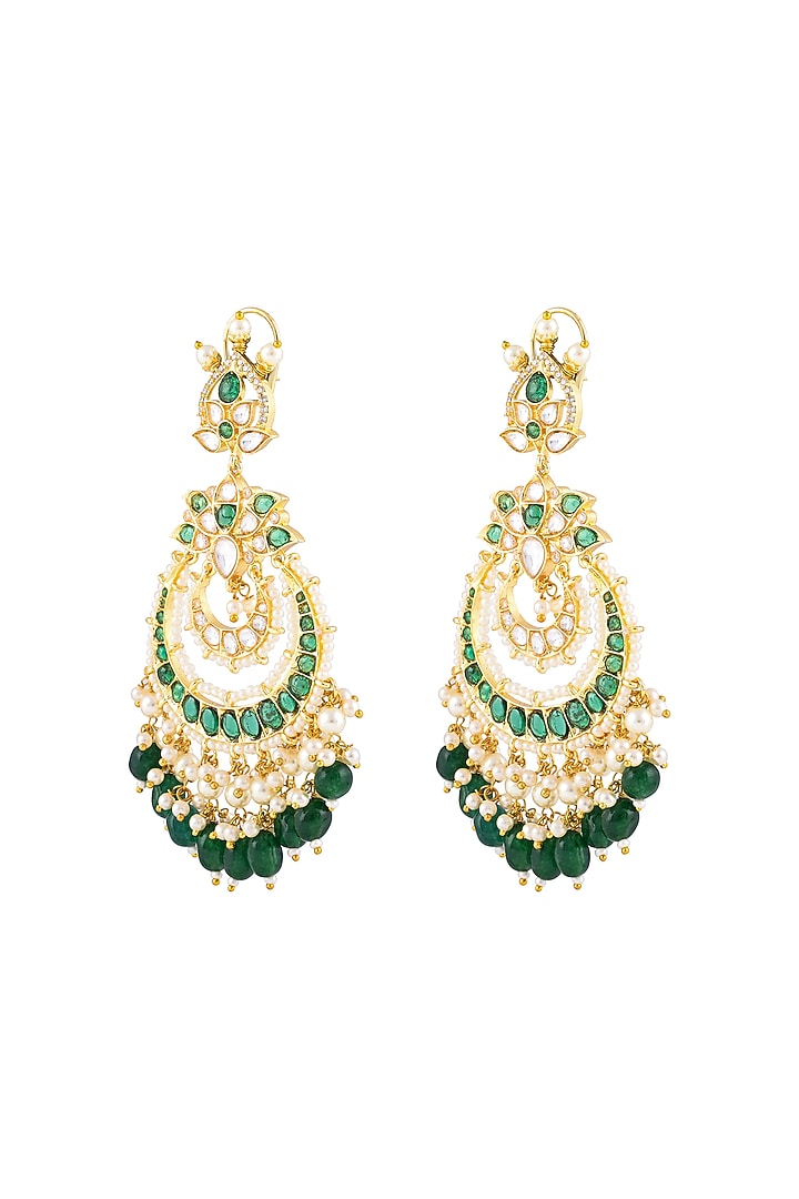 Gold Finish Green Kundan Polki Chandbali Earrings by Prihan Luxury Jewelry at Pernia's Pop Up Shop
