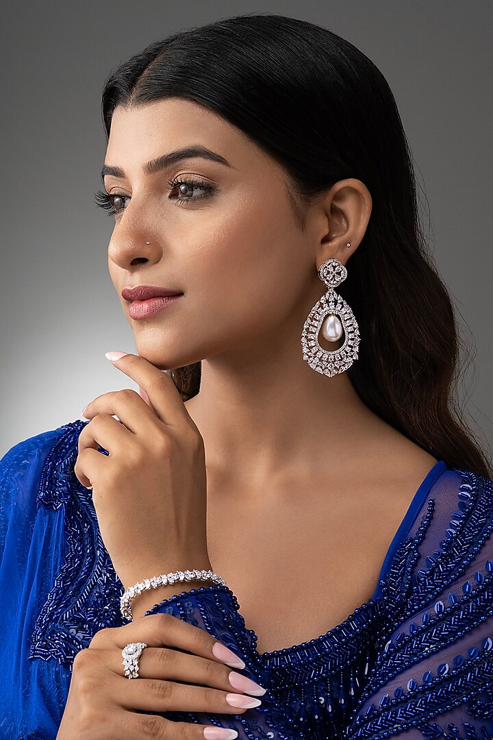 White Finish Cubic Zirconia & Pearl Dangler Earrings by Prihan Luxury Jewelry at Pernia's Pop Up Shop
