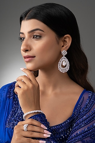 White Finish Cubic Zirconia & Pearl Dangler Earrings by Prihan Luxury Jewelry