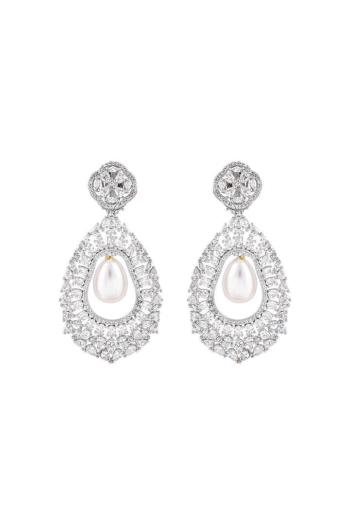 White Finish Cubic Zirconia & Pearl Dangler Earrings by Prihan Luxury Jewelry at Pernia's Pop Up Shop
