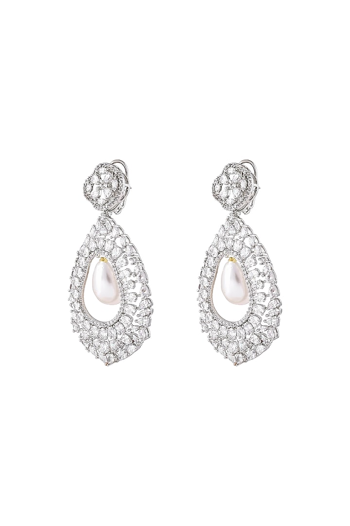 White Finish Cubic Zirconia & Pearl Dangler Earrings by Prihan Luxury Jewelry at Pernia's Pop Up Shop
