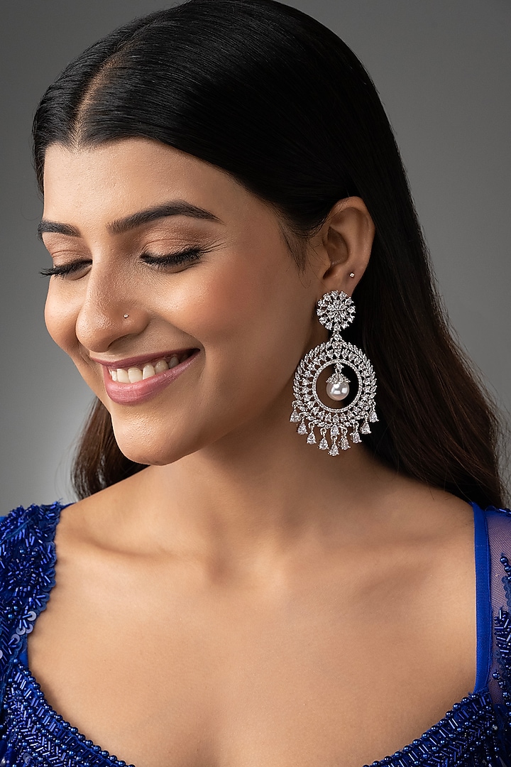 White Finish Cubic Zirconia & Pearl Chandbali Earrings by Prihan Luxury Jewelry at Pernia's Pop Up Shop