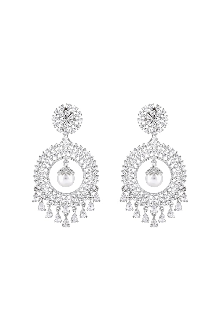 White Finish Cubic Zirconia & Pearl Chandbali Earrings by Prihan Luxury Jewelry at Pernia's Pop Up Shop
