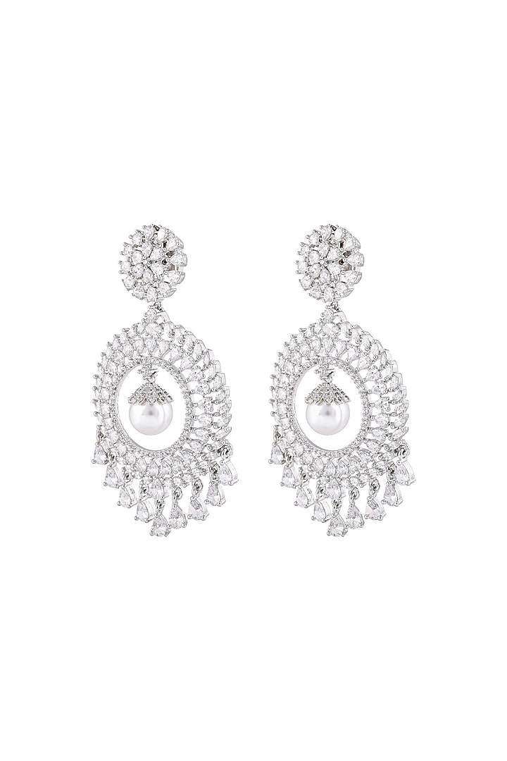 White Finish Cubic Zirconia & Pearl Chandbali Earrings by Prihan Luxury Jewelry at Pernia's Pop Up Shop