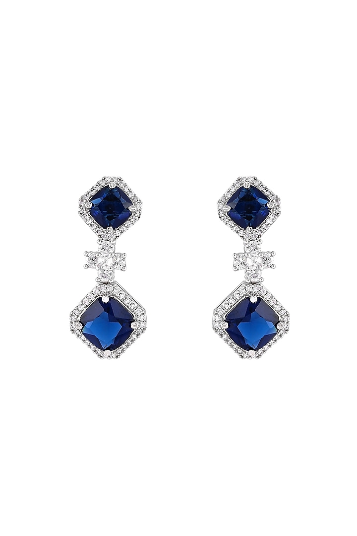 White Finish Blue Sapphire Stone & Zircon Dangle Earrings by Prihan Luxury Jewelry at Pernia's Pop Up Shop