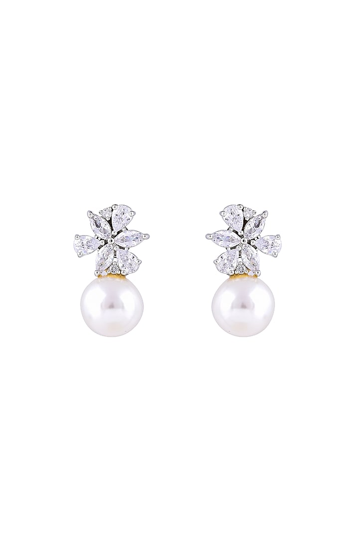 White Finish Zircon & Pearl Drop Stud Earrings by Prihan Luxury Jewelry at Pernia's Pop Up Shop