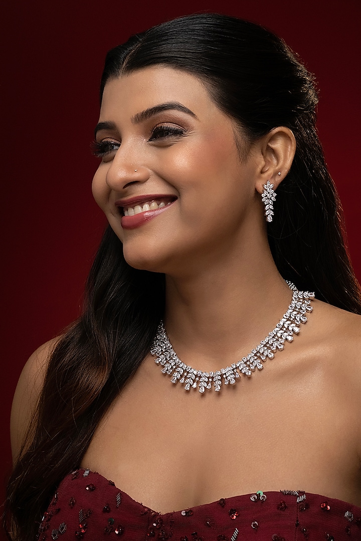 White Finish Cubic Zirconia Stone Necklace Set by Prihan Luxury Jewelry at Pernia's Pop Up Shop