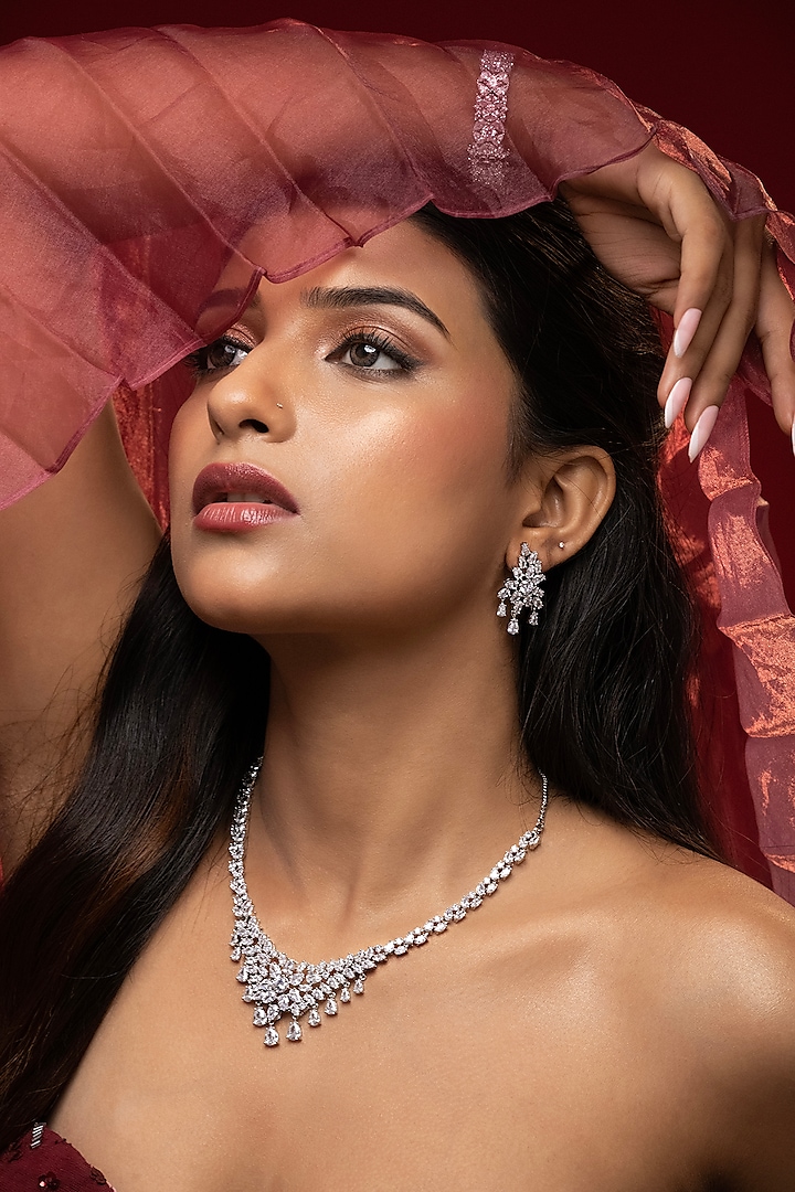 White Finish Cubic Zirconia Stone Necklace Set by Prihan Luxury Jewelry at Pernia's Pop Up Shop