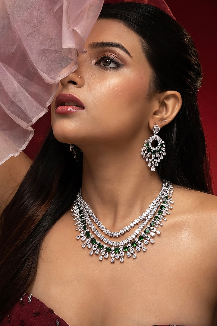 White Finish Emerald Green & Cubic Zirconia Stone Layered Necklace Set by Prihan Luxury Jewelry at Pernia's Pop Up Shop