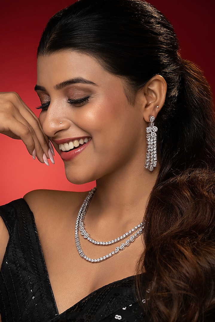 White Finish Cubic Zirconia Stone Layered Necklace Set by Prihan Luxury Jewelry at Pernia's Pop Up Shop