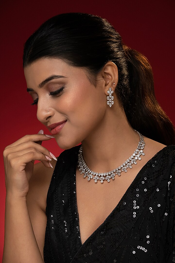 White Finish Cubic Zirconia Stone Necklace Set by Prihan Luxury Jewelry at Pernia's Pop Up Shop