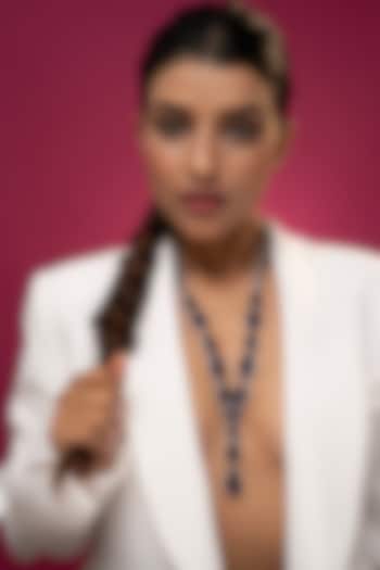 White Finish Deep Sapphire Stone Long Necklace Set by Prihan Luxury Jewelry at Pernia's Pop Up Shop