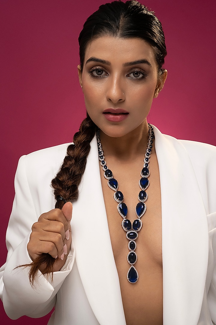 White Finish Deep Sapphire Stone Long Necklace Set by Prihan Luxury Jewelry at Pernia's Pop Up Shop