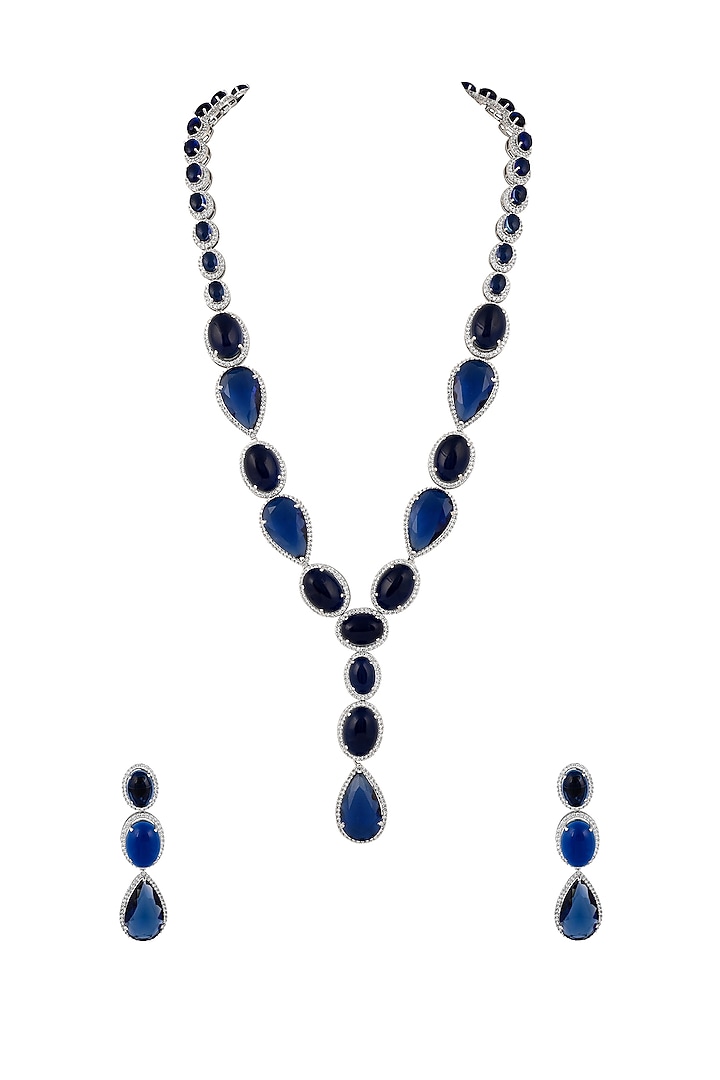 White Finish Deep Sapphire Stone Long Necklace Set by Prihan Luxury Jewelry at Pernia's Pop Up Shop