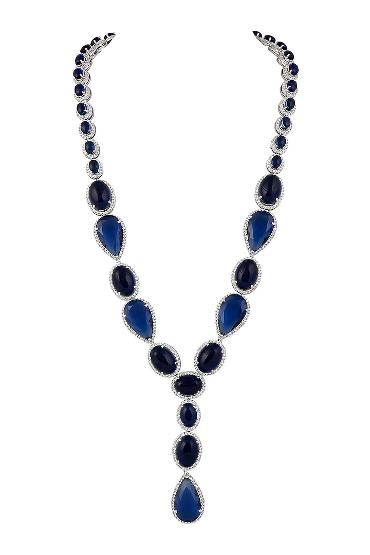 White Finish Deep Sapphire Stone Long Necklace Set by Prihan Luxury Jewelry at Pernia's Pop Up Shop