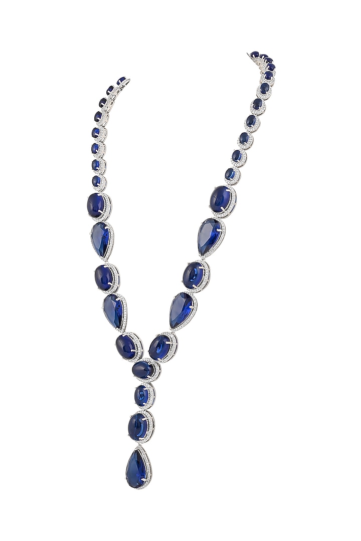 White Finish Deep Sapphire Stone Long Necklace Set by Prihan Luxury Jewelry at Pernia's Pop Up Shop