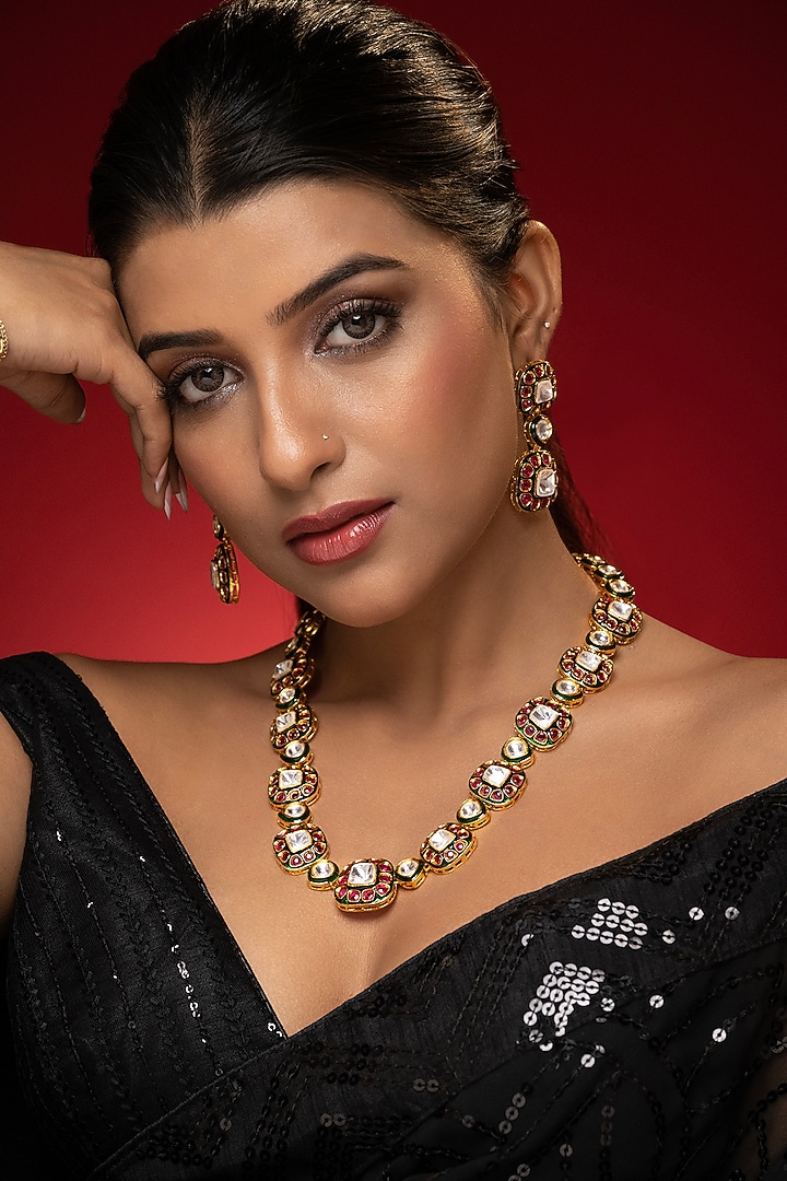 Gold Finish Kundan Polki Meenakari Necklace Set by Prihan Luxury Jewelry at Pernia's Pop Up Shop