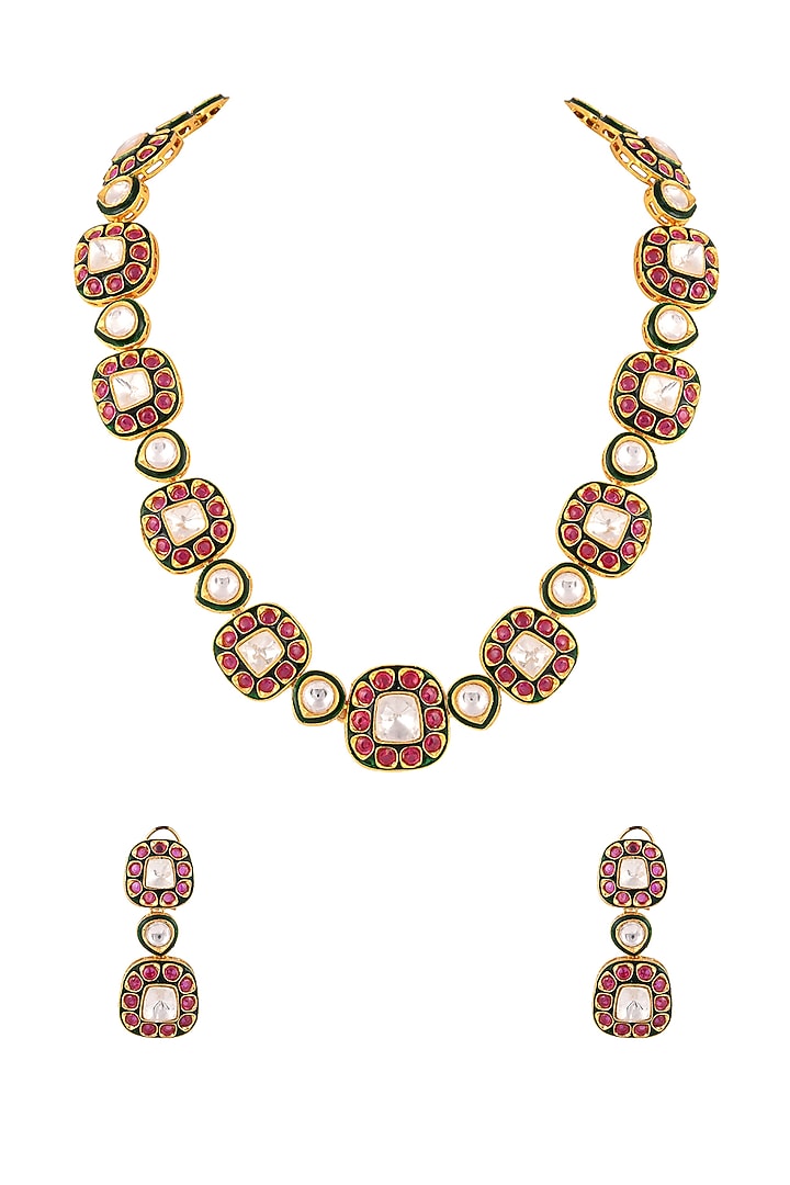 Gold Finish Kundan Polki Meenakari Necklace Set by Prihan Luxury Jewelry at Pernia's Pop Up Shop