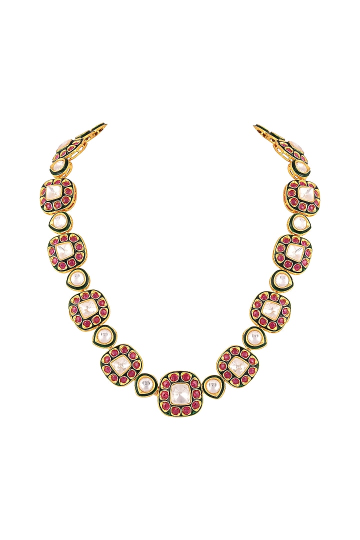 Gold Finish Kundan Polki Meenakari Necklace Set by Prihan Luxury Jewelry at Pernia's Pop Up Shop