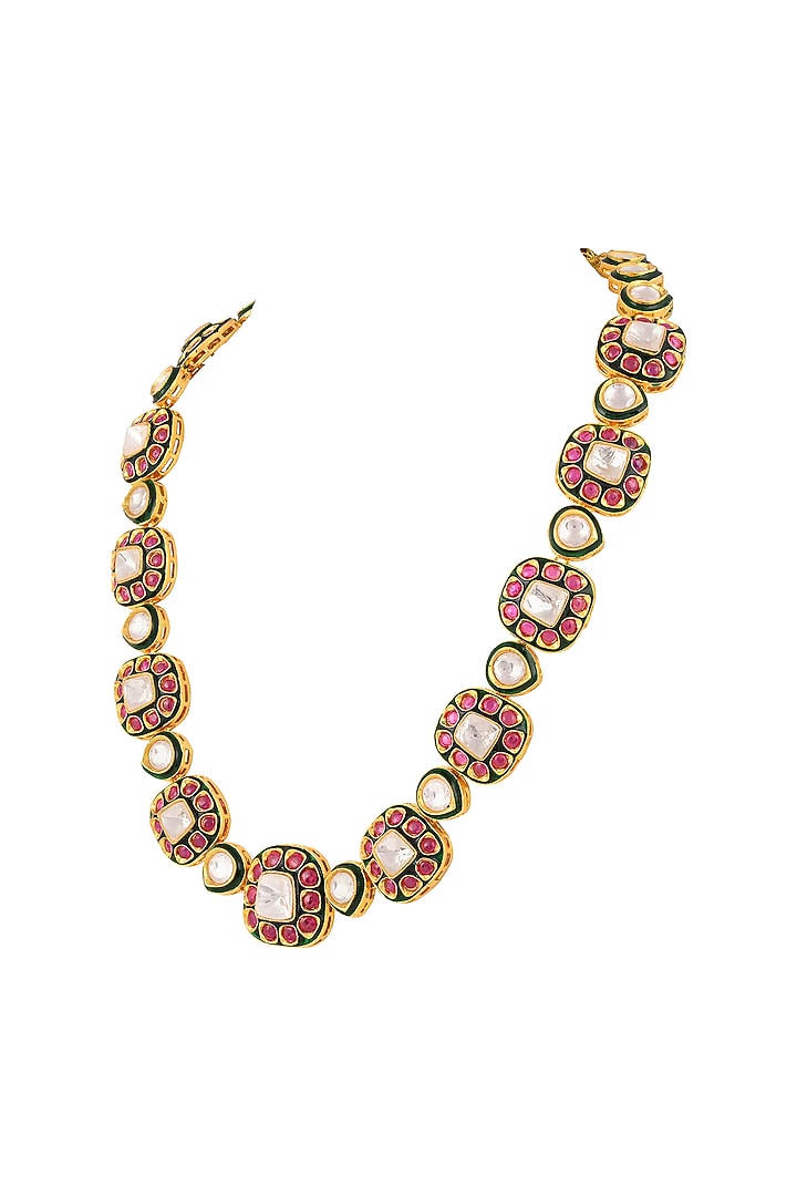 Gold Finish Kundan Polki Meenakari Necklace Set by Prihan Luxury Jewelry at Pernia's Pop Up Shop