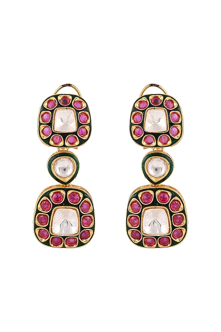 Gold Finish Kundan Polki Meenakari Necklace Set by Prihan Luxury Jewelry at Pernia's Pop Up Shop
