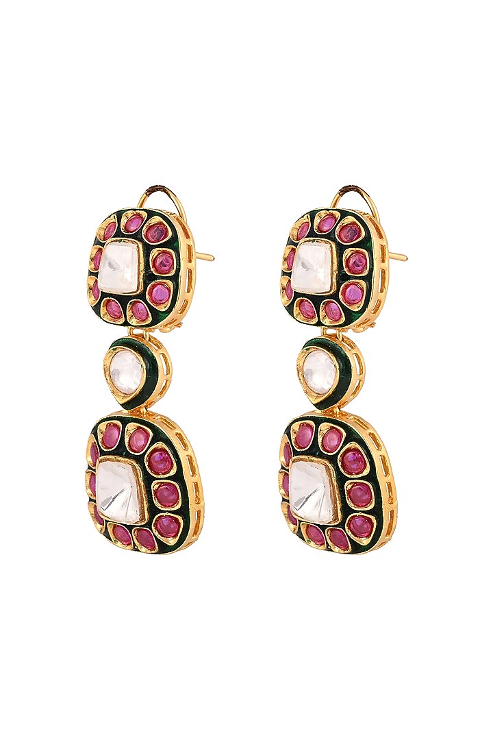 Gold Finish Kundan Polki Meenakari Necklace Set by Prihan Luxury Jewelry at Pernia's Pop Up Shop