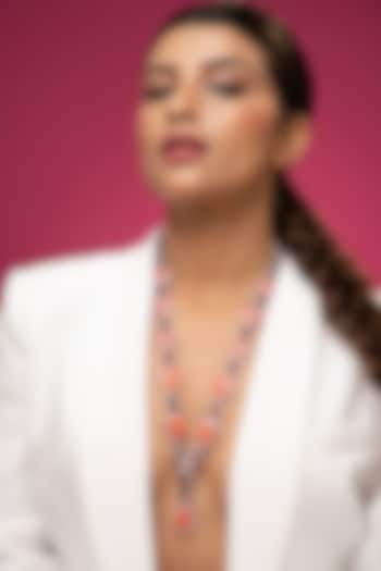 White Finish Rose Quartz & Ruby Stone Long Necklace Set by Prihan Luxury Jewelry at Pernia's Pop Up Shop