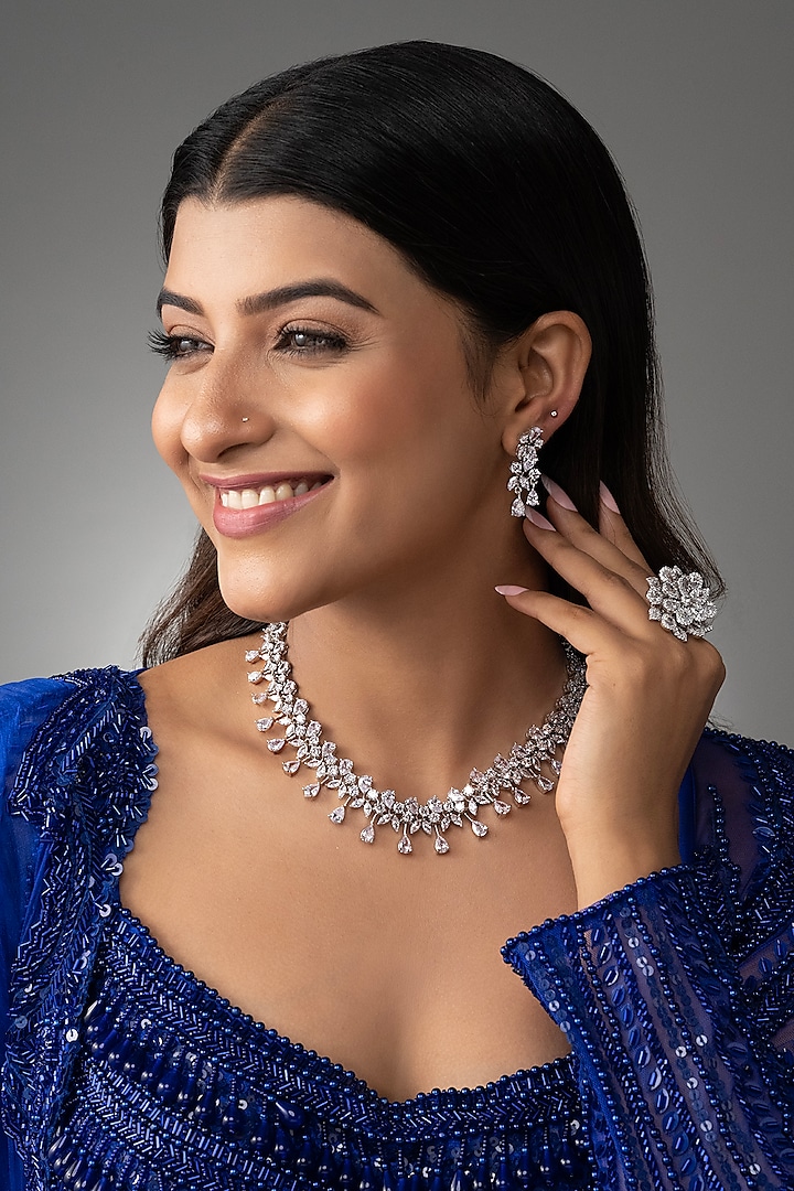 White Finish Cubic Zirconia Stone Necklace Set by Prihan Luxury Jewelry at Pernia's Pop Up Shop