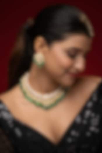 Gold Finish Kundan Polki & Emerald Drop Jadau Necklace Set by Prihan Luxury Jewelry at Pernia's Pop Up Shop