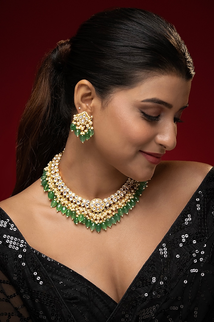 Gold Finish Kundan Polki & Emerald Drop Jadau Necklace Set by Prihan Luxury Jewelry at Pernia's Pop Up Shop