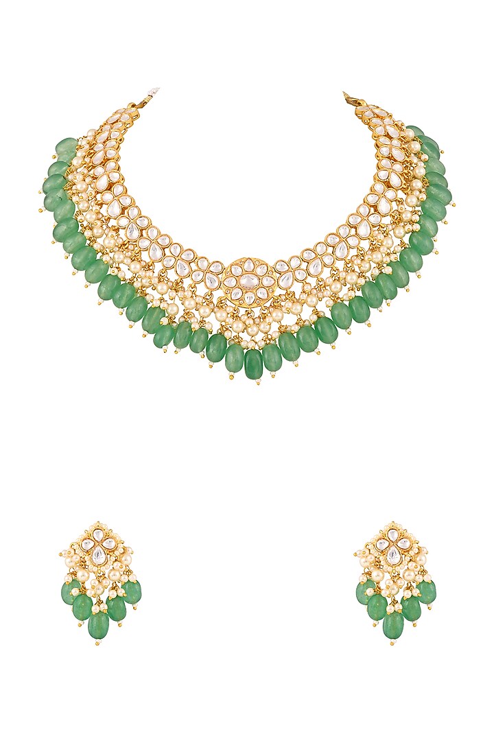 Gold Finish Kundan Polki & Emerald Drop Jadau Necklace Set by Prihan Luxury Jewelry at Pernia's Pop Up Shop