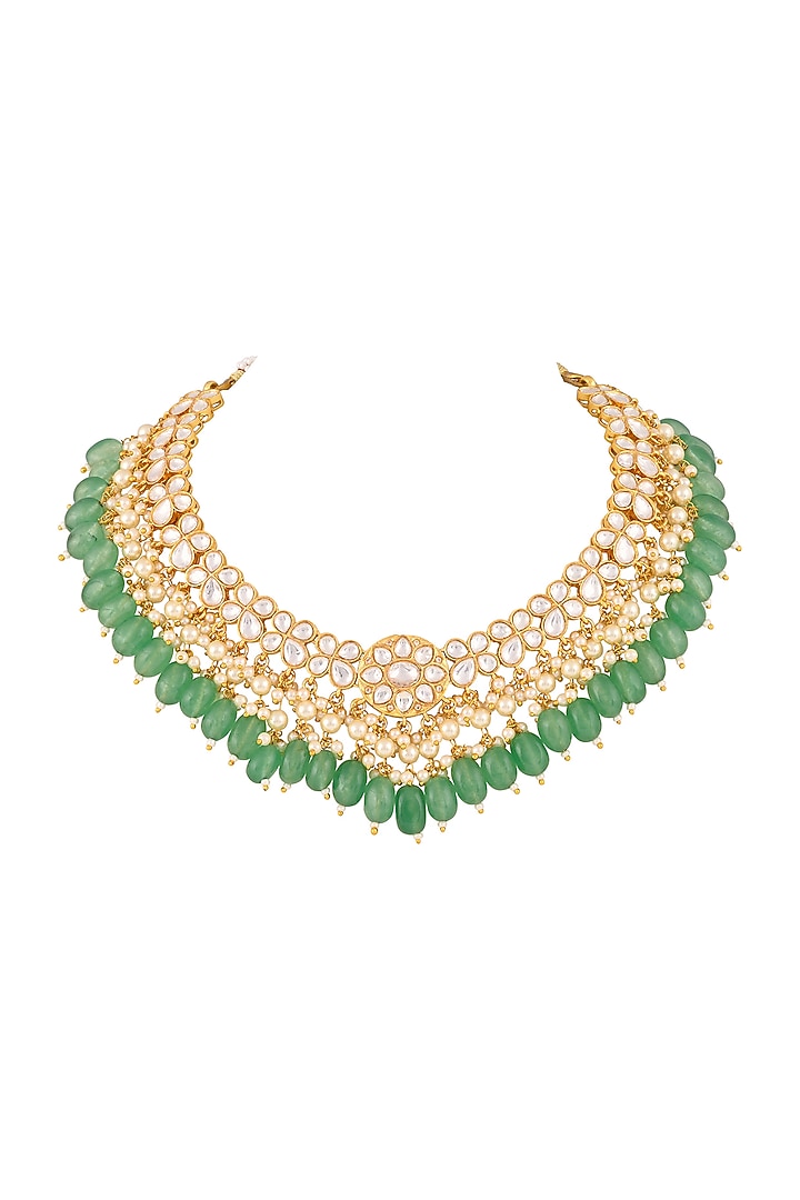 Gold Finish Kundan Polki & Emerald Drop Jadau Necklace Set by Prihan Luxury Jewelry at Pernia's Pop Up Shop