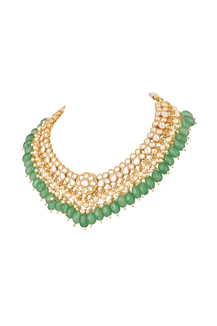 Gold Finish Kundan Polki & Emerald Drop Jadau Necklace Set by Prihan Luxury Jewelry at Pernia's Pop Up Shop
