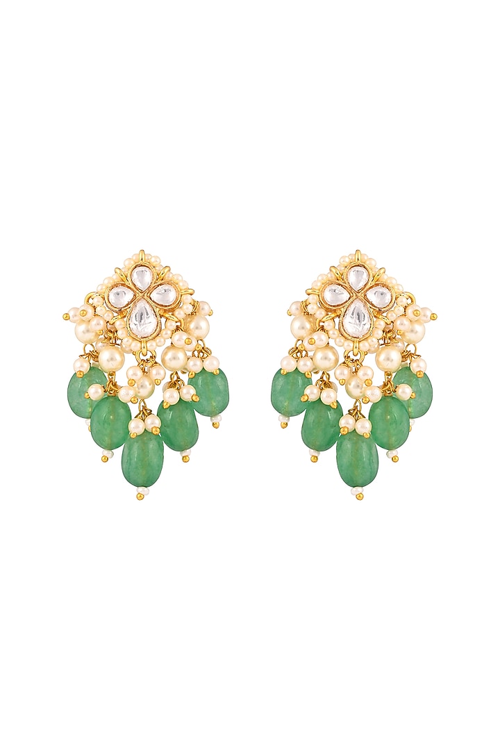 Gold Finish Kundan Polki & Emerald Drop Jadau Necklace Set by Prihan Luxury Jewelry at Pernia's Pop Up Shop