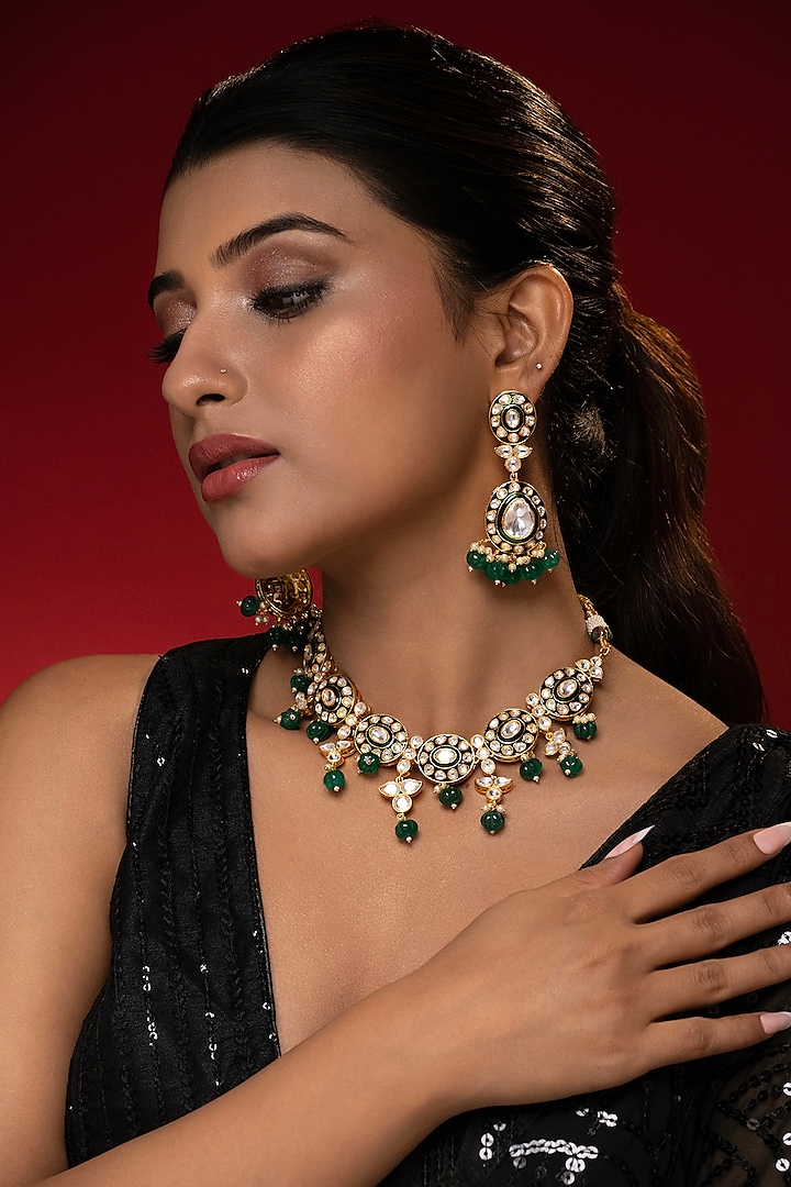 Gold Finish Kundan Polki & Emerald Drop Meenakari Necklace Set by Prihan Luxury Jewelry at Pernia's Pop Up Shop