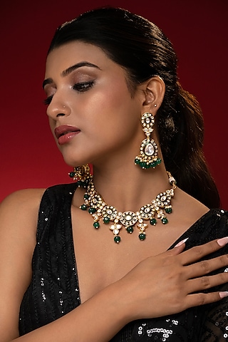 Gold Finish Kundan Polki & Emerald Drop Meenakari Necklace Set by Prihan Luxury Jewelry