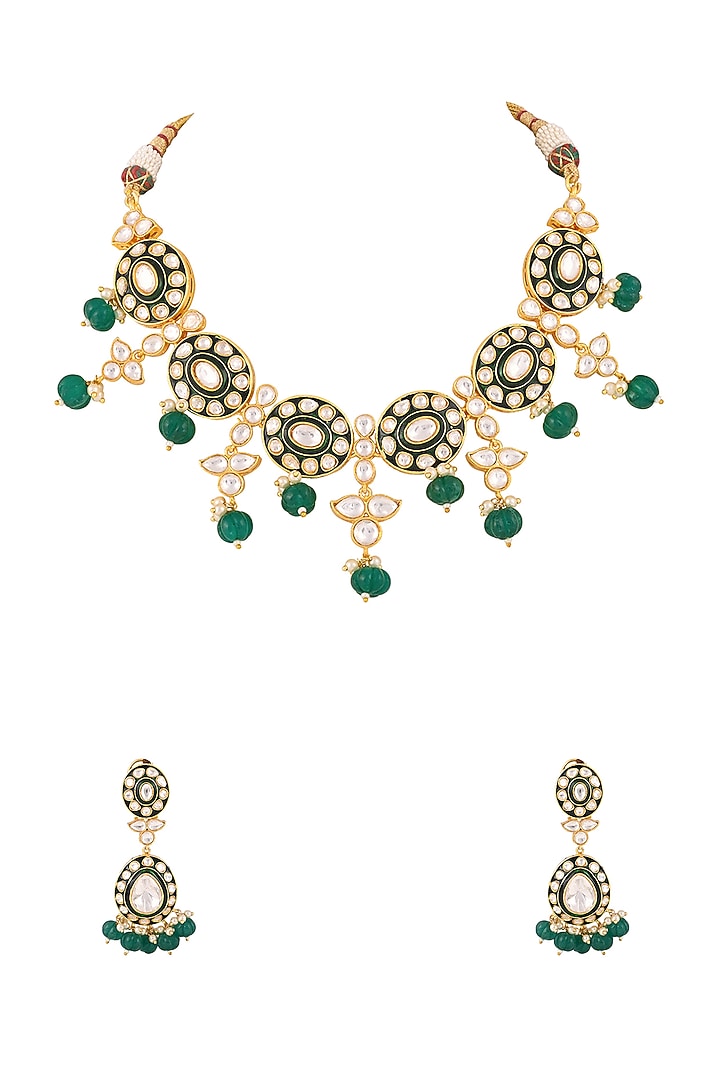 Gold Finish Kundan Polki & Emerald Drop Meenakari Necklace Set by Prihan Luxury Jewelry at Pernia's Pop Up Shop